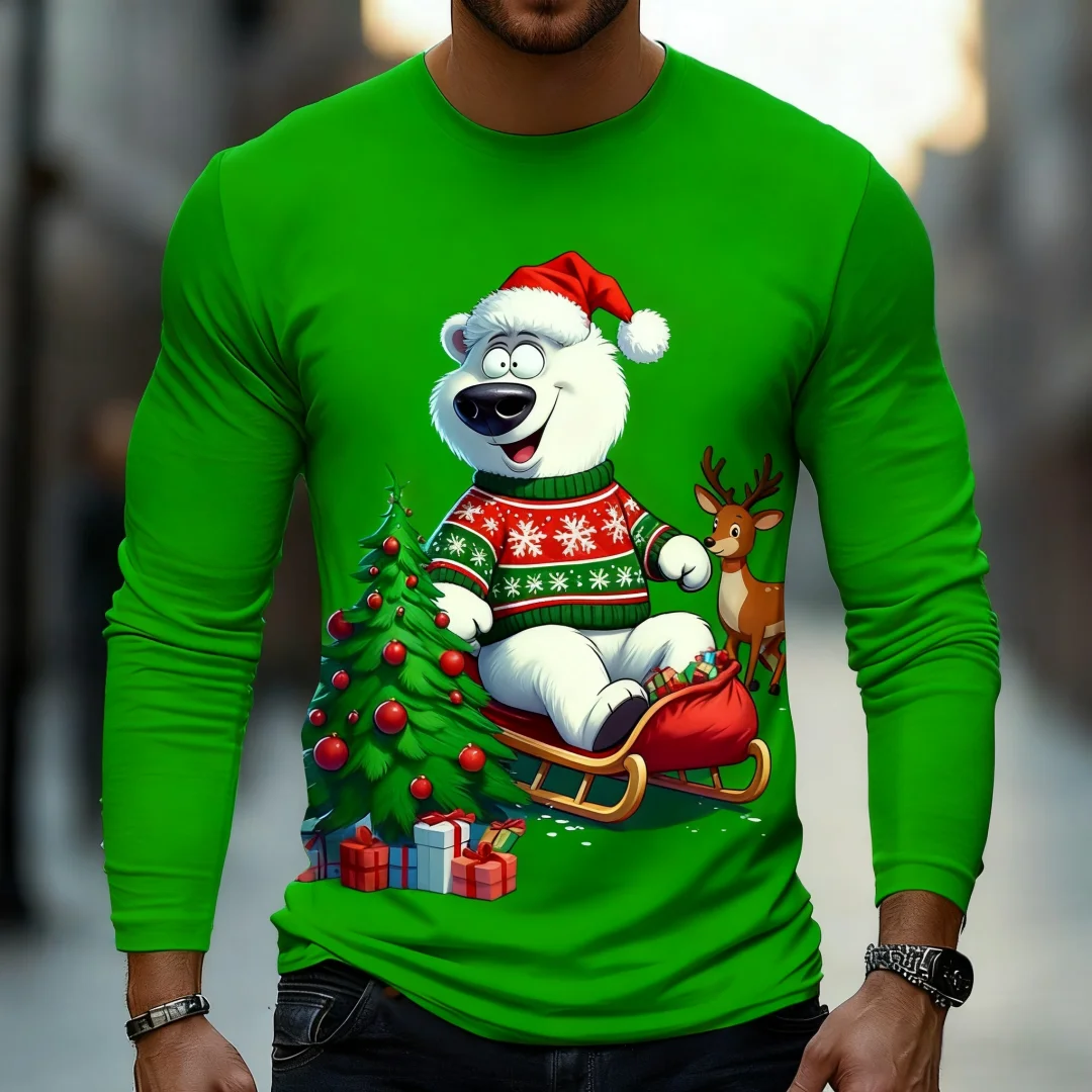 面白い白いクマ柄のグラフィックTシャツ メンズ クリスマススタイル 長袖Tシャツ 春秋 カジュアルTシャツ トレンド メンズ服