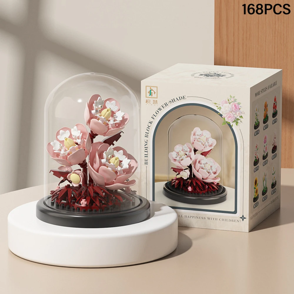 DIY MOC Ewige Blumen Staubschutzhaube Tulpe Rose Sonnenblume Sukkulente Garten Mikro-Baustein-Set Heimdekoration Geschenk für Sie – Detail 7