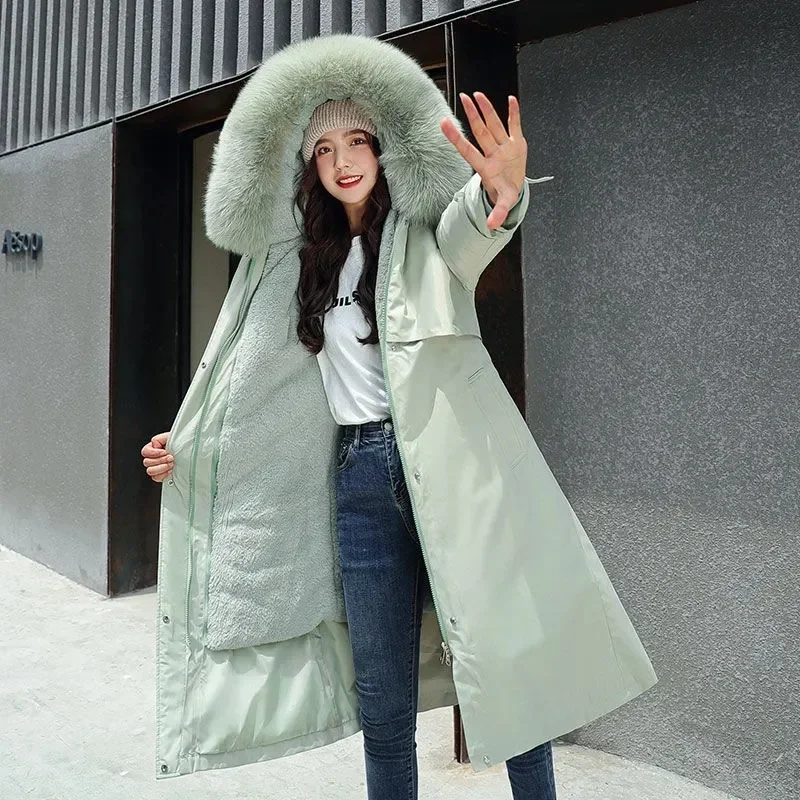 2022 New Winter Jacket Women's Parkas Thick Warm Fur Lining Long Parka Female Hooded Fleece Padded Coat Distachable Outwear 6XL