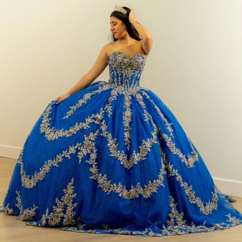 

Royal Blue Shiny Quinceanera Dresses Off The Shoulder Applique Lace Beading Crystal Tull Party Birthday Sweet 16 Dress Vestidos