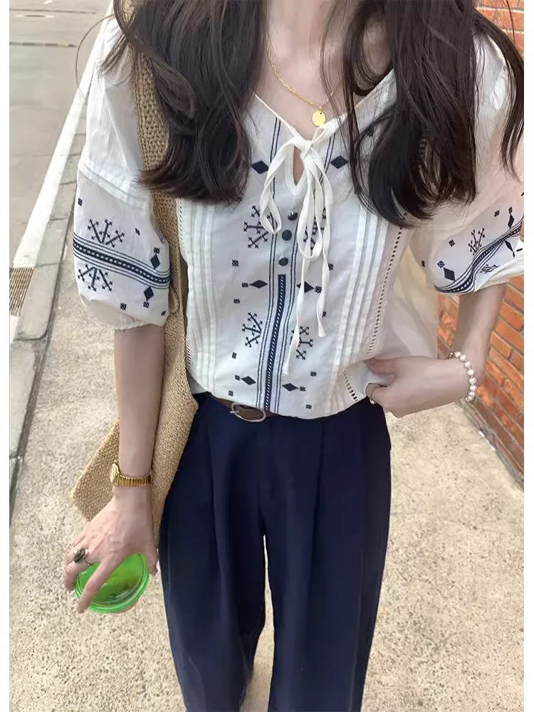 

Miaolab South France Embroidered Pure Cotton Casual irt ort Sve Women's Faion Loose Fit Summer Cool Feeling Top