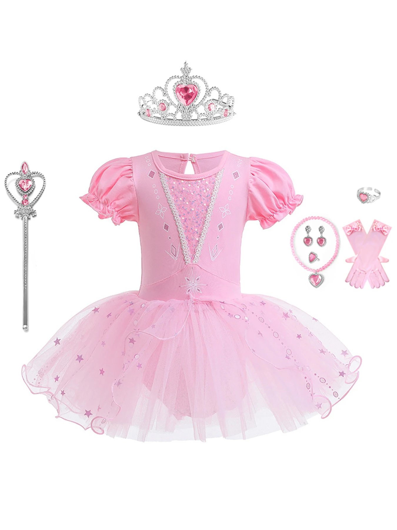 

Girls Princess Pink Sparkle Tutu Dress Set with Tiara Magic Wand Accessories Kids Puff Sleeve Ballerina Birthday Parties