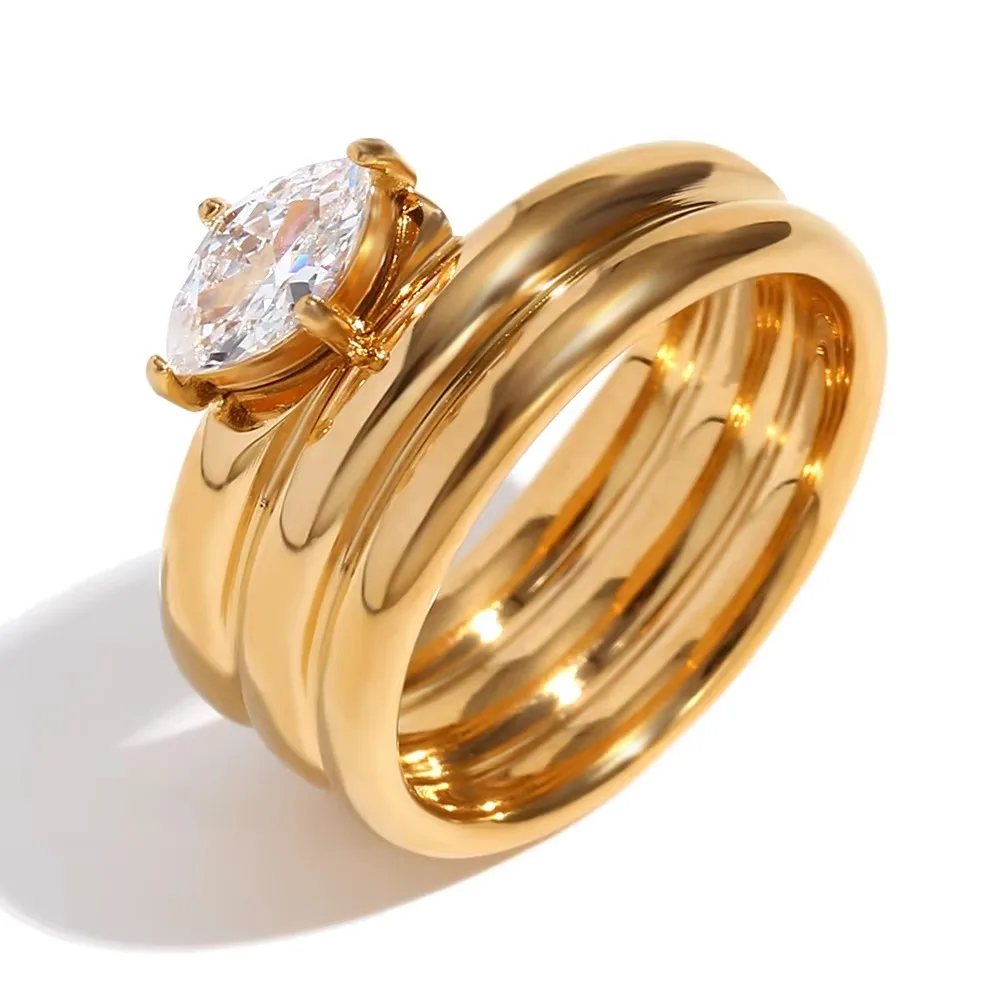 

18K Gold Plated Multilayer Line Set Zirconia Fashion Ring Women's High Quality Anti-Allergy Stainless Steel Ring