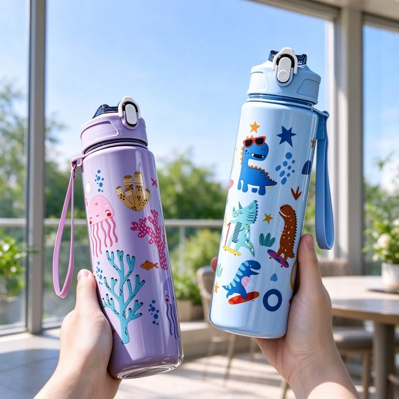 750ml Dinosaur Water Bottle, Leakproof Sippy Cup with Silicone Straw, Summer Portable Plastic Water Cup for Boys Girls