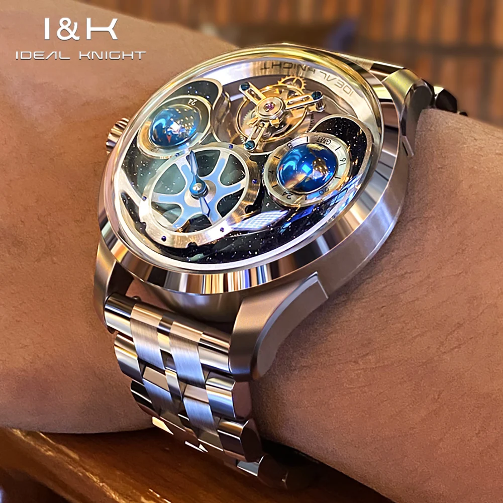 IDEAL KNIGHT Men's Flywheel Tourbillon Mechanical Watch Dual Time GMT Sapphire Crystal 316L Steel 50M Waterproof Wristwatch 6805
