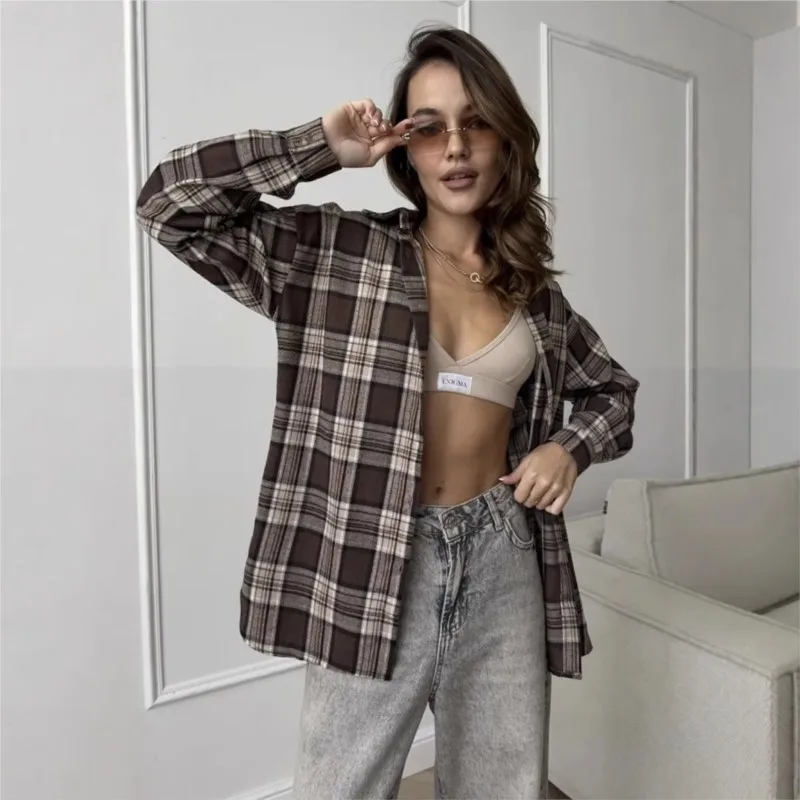 

Женские универсальные свободные повседневные рубашки и блузки в стиле ретро, осенняя клетчатая полосатая рубашка с длинными рукавами и карманами Blusas Mujer 2025