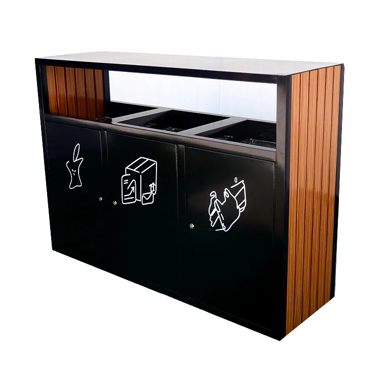 

hot selling big size outdoor garden stand recycling bins wooden 3 compartment garbage can park big wood trash can