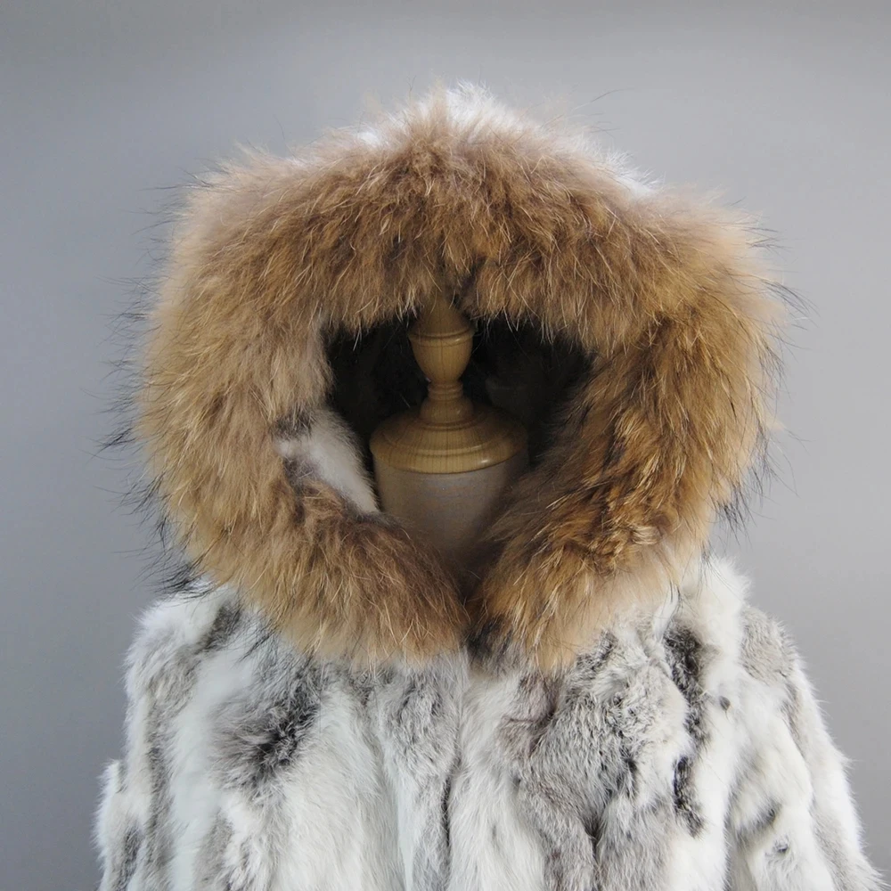 Natural Fur Coat Winter Women Real Rabbit Fur Jacket With Raccoon Fur Collar Lady Thick Warm 100% Genuine Rabbit Fur Outerwear