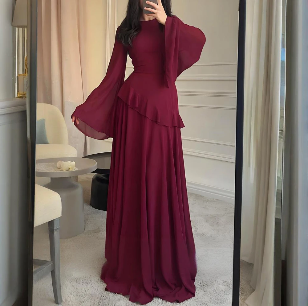 

Elegant Burgundy Long Sleeves Saudi Arabic Chiffon A-Line Prom dresses Floor Length muslim Evening Party Gowns