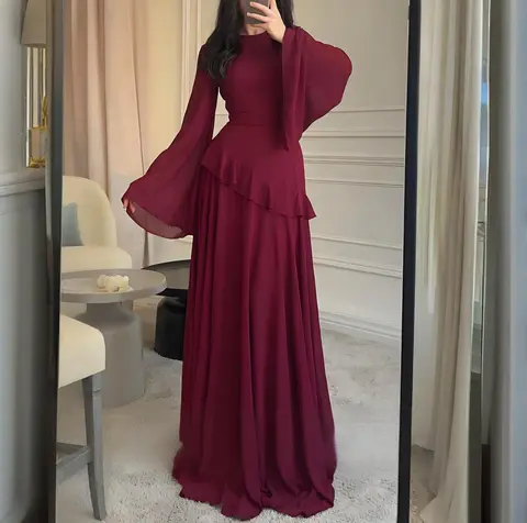 Elegant vinröd långärmad saudiarabisk chiffong A-linjeformad balklänning golvlång muslimsk aftonklänning 8 best sales Muslimsk aftonklänning - №4