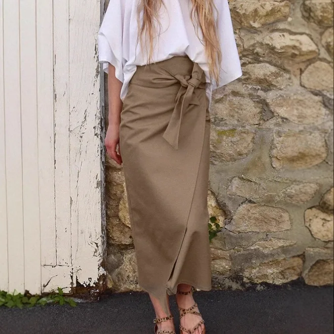 

Temperament Autumn Women's Skirt Khaki Lace Up High Waist Split Lady's Straight Skirt Instagram-Style Chic Skirt For Female