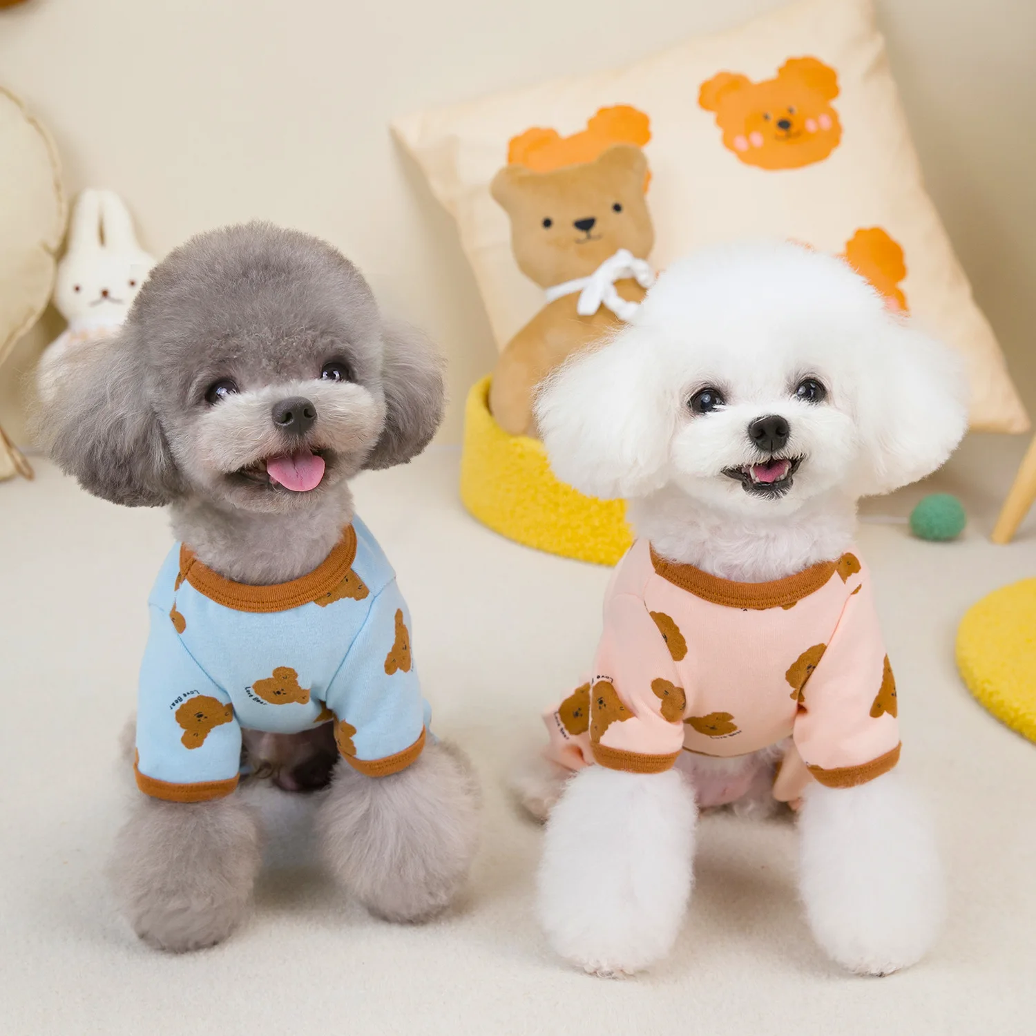 Pet Cute Color Blocked Bottom Coat Dog Jumpsuit Cat Small Dog Clothes Comfortable Elastic Printed Bear Four Leg Home Clothes