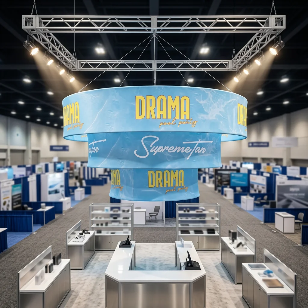 Custom Round Rotating Hanging Sign Exhibition Booth Trade Show Events 360 Degree Display Maximum Brand Exposure Ceiling Banner