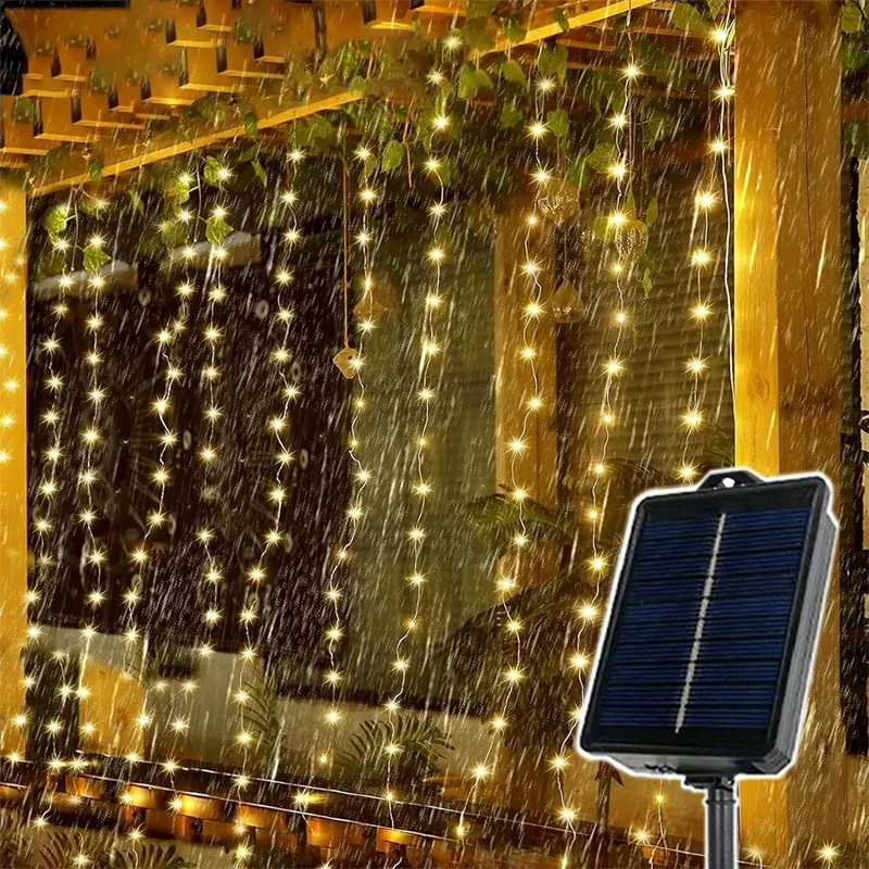 Imagem -06 - Solar Curtain Garland com Modos de Iluminação Outdoor Fairy Lights Decoração da Janela Casamento Árvore de Natal Halloween 600led