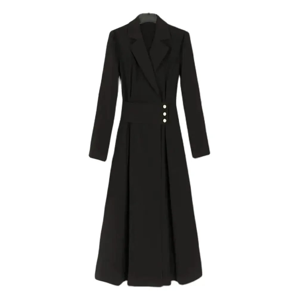 

2024 Pleated Long Sleeve Midi Sundress Fashion Solid Suit Collar Office Vestidos Elegant Belted Ruffled Shirt Dress Women