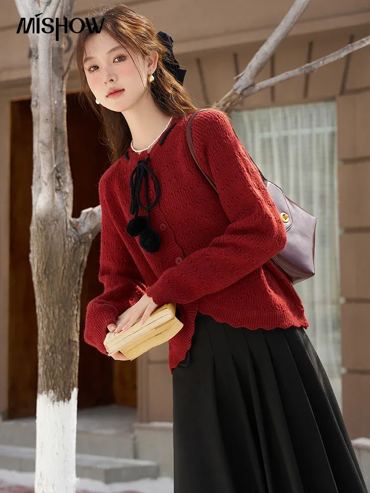 MISHOW Autumn Winter Christmas Sweater for Women Vintage Cute Lace-up Knitted Cardigan Top Female Lazy Style MXC55Z0417