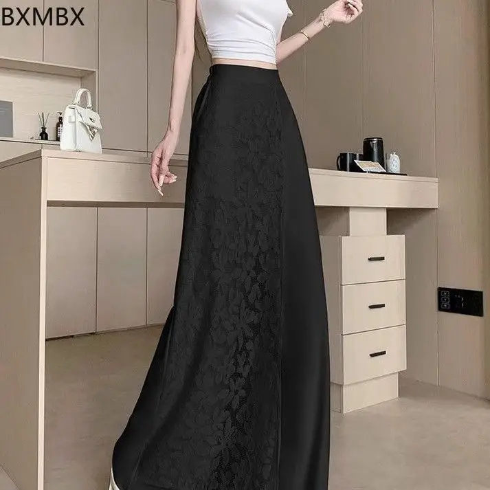 Si Die Pet Wide Leg Pants: Lace Splicing High Waist Breathable Loose Design Summer Wide Leg Pants
