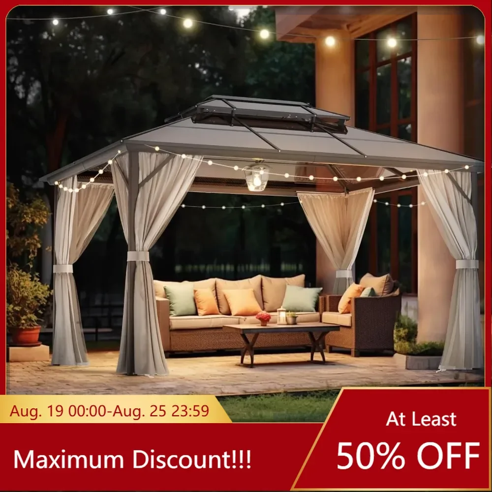 

Hardtop Gazebo Polycarbonate Double Roof Canopy Aluminum Frame Pavilion with Curtains and Netting Patio Gazebo Pergola