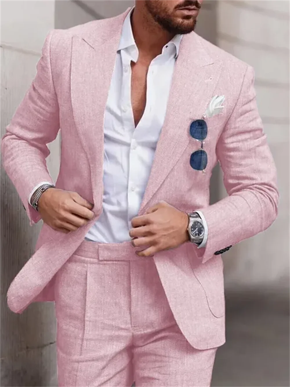 

2 Piece Fashion Linen Suits for Men Chic Peak Lapel Double One Button Male Suit Slim Fit Business Casual Wedding Tuxedo Costume