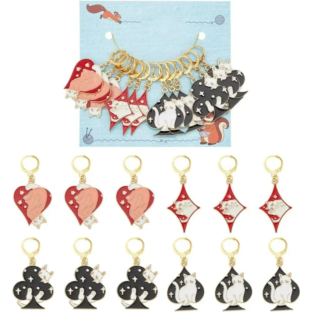 12 Pcs 4 Styles Poker Cat Stitch Markers, Enamel Crochet Stitch Marker Removable Leverback Hook Locking Stitch Marker for