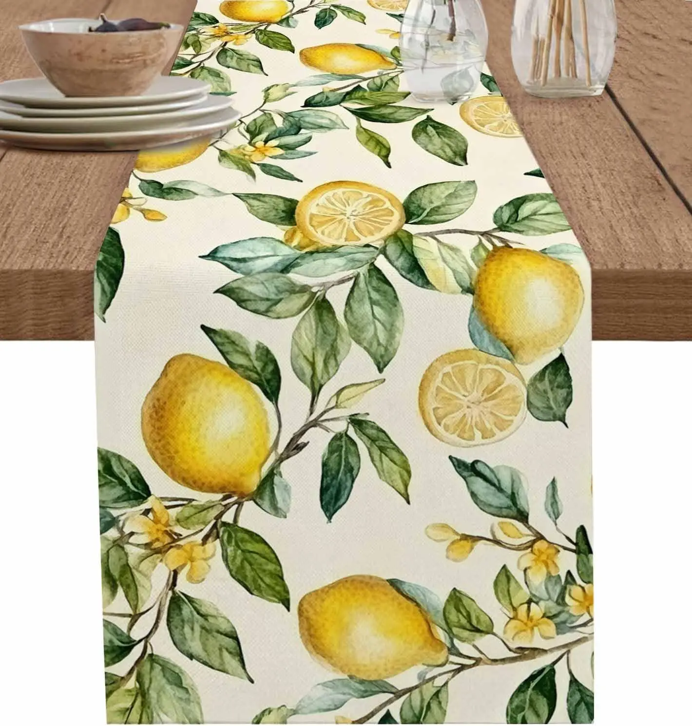 Watercolor Lemon Linen Table Runner Holiday Party Decor Green Leaf Summer Green Leaves Kitchen Table Runners Dresser Scarf Decor