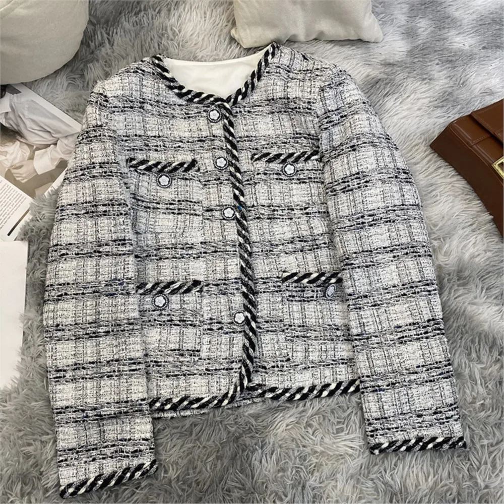 Black/white plaid tweed jacket for women Spring/fall new braided top for ladies