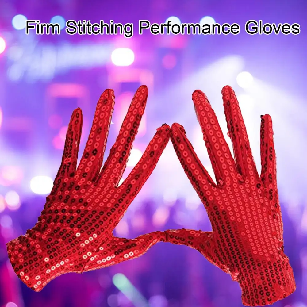 1 Pair Shiny Sequin Performance Gloves Soft Solid Color Full Fingers Eye-catching Clown Gloves Stage Show Sparkling Gloves