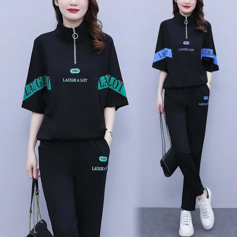 

Fashionable Casual Sportswear Set Women's Summer New Trendy Print Short Sleeve Sweatshirt Loose Versatile Anti-aging Two-piec...