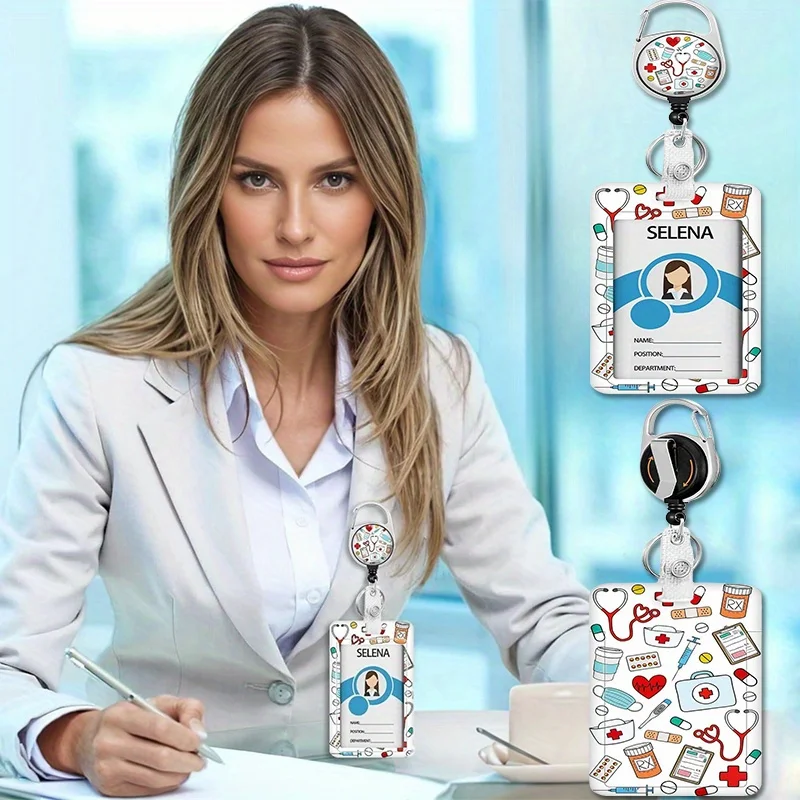 Porte-badge avec bobine rétractable, étiquette de nom d'identification, mousqueton, Clip de protection de carte verticale, étui pour médecin et infirmière