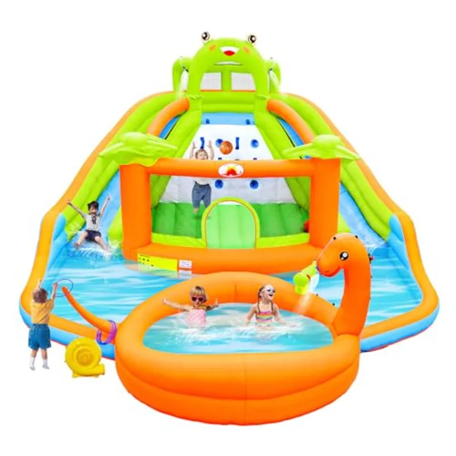 

Надувной аквапарк с двойными водными горками, батутом, водной пушкой, бассейном-динозавром, замком-лягушкой, скалодромом и баскетбольным кольцом