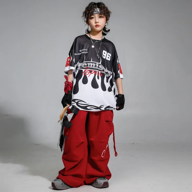 Roupas de hip hop para meninos, fantasia de dança de jazz, camiseta de manga curta, calças largas, meninas, hip hop, performance, conjuntos de roupas rave