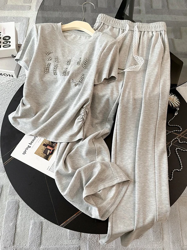 

Gray Casual Sportswear Set for Women Slimming Short Sleeve T-Shirt Wide Leg Pants Two Piece Set Fashionable And Stylish