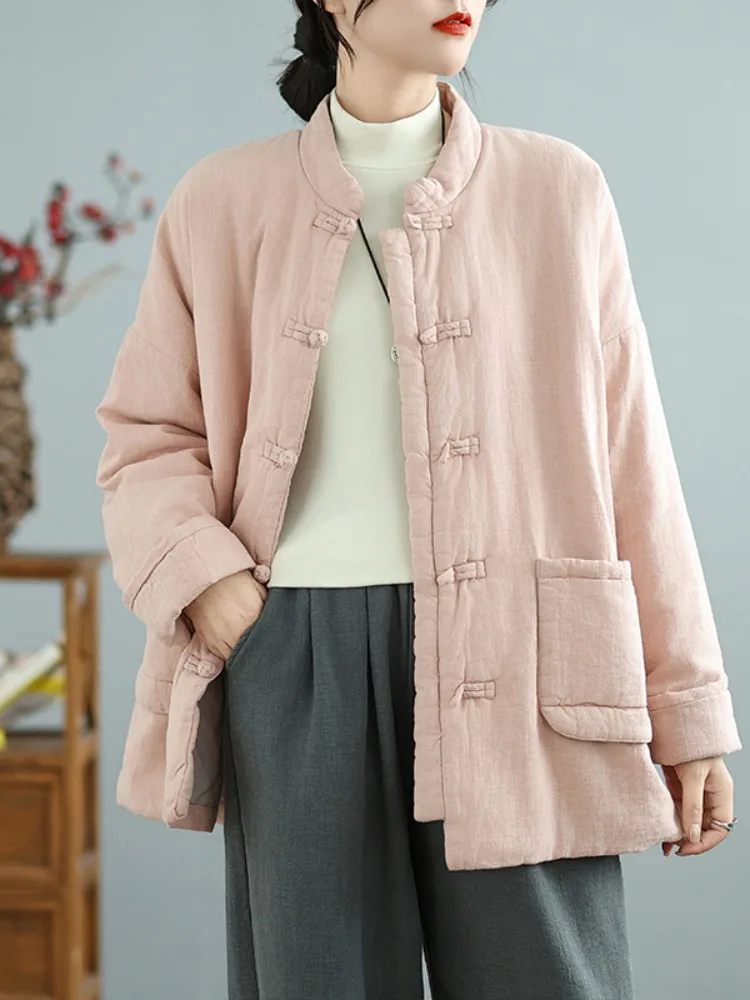 

Thiened Chinese Sle Cotton Coat Women Winter Zen Pure Color Stand Collar Cotton Jaet with Button Tea Service Outerwear