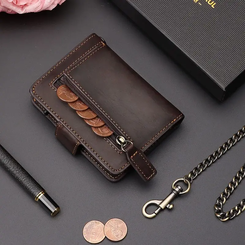 

Men Genuine Leather Short Wallet with Chain Zipper Clutch Wallets Male Short Trifold Purse Card Holder Change Coin Purse