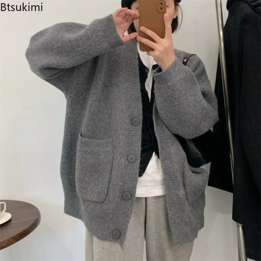 

Women Lazy Wind Single-Breasted Knitted Cardigan 2025 Autumn Winter Pocket Sweater Cardigan Women Solid V Neck Cardigans Coats