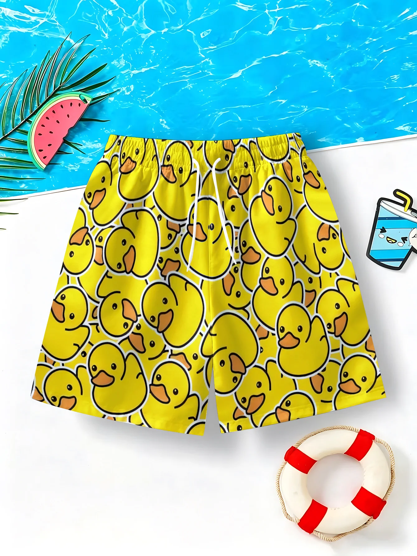 All-over Print Yellow Duck Shorts, Fun, Quick-drying, Casual Sports Beach Shorts for Couples, Children, Adults, and Parents.