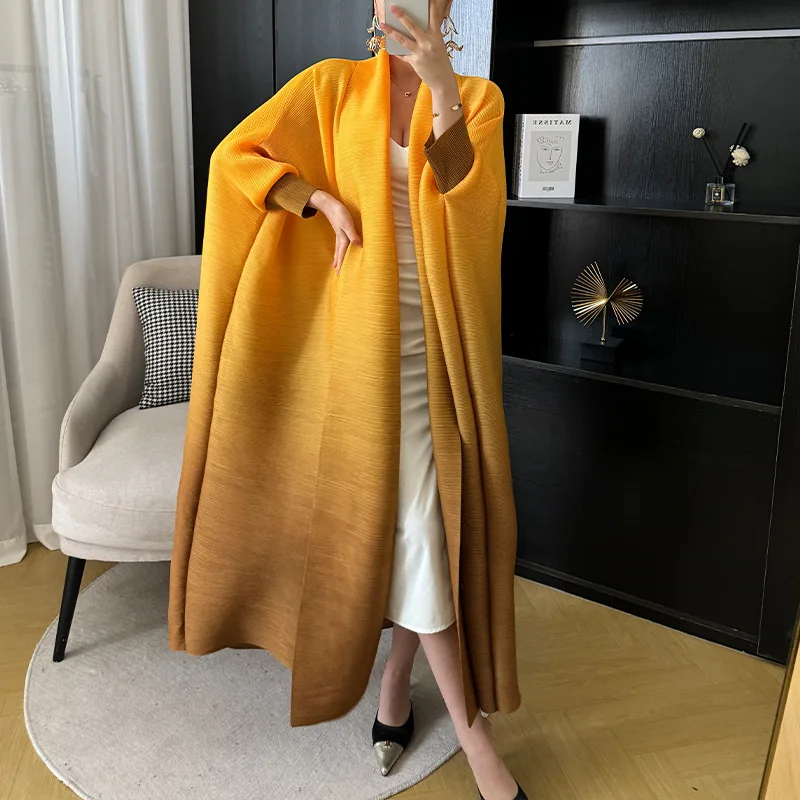 Miyake-Chaqueta chal de Color degradado para mujer, prendas de vestir con diseño plisado, cárdigan con lazo de sección larga, bata larga de manga larga, 51 pulgadas