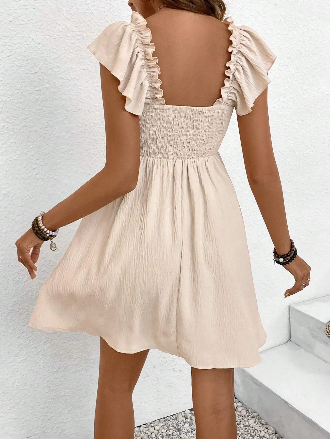 

Off-Shoulder Shirred Flounce Sleeve A-Line Mini Dress For Women Summer Beach Vacation