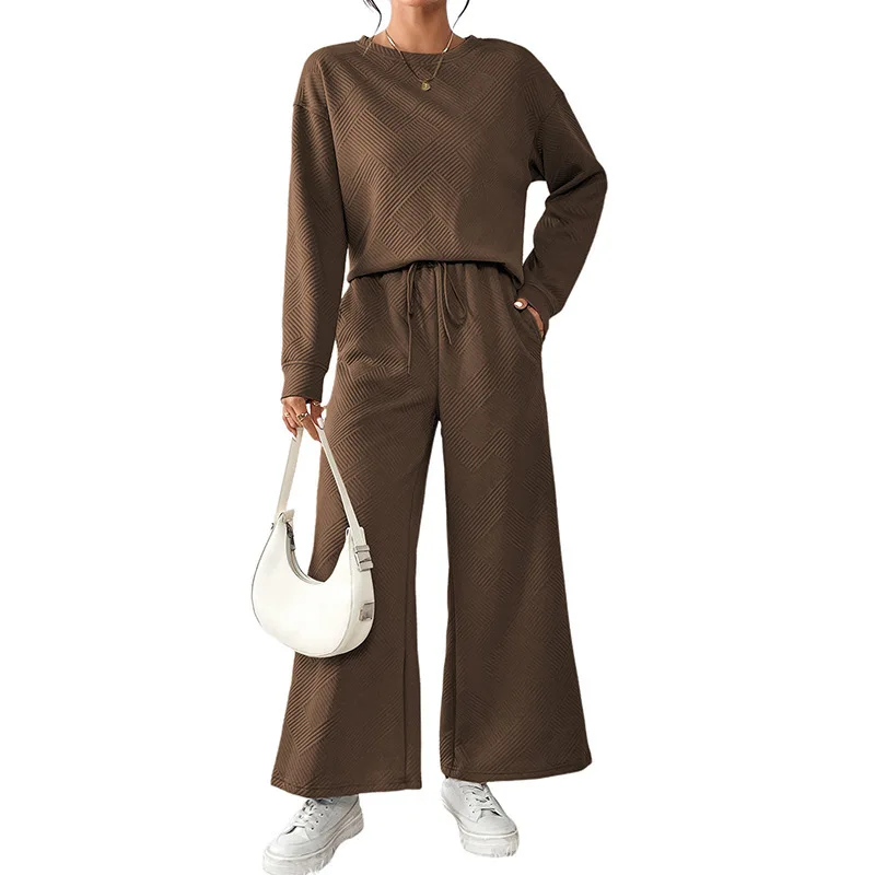 2025 American European New Fashion Loose Simple Solid Color 2 Piece Sets Women's Long Sleeve O-neck Tops Drawstring Jogger Pants