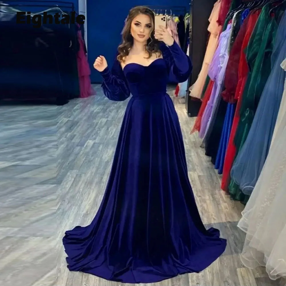 

Eightale Muslim Evening Dress for Wedding Party Royal Blue Sweetheart Long Sleeves Velvet Arabic Prom Gowns vestido de noche