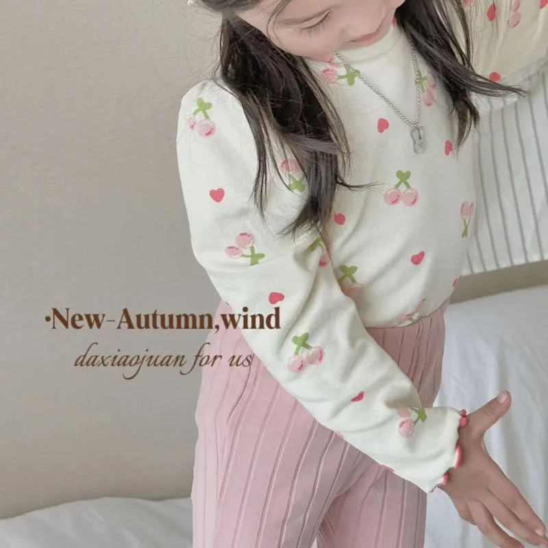 New Autumn and Winter Girls Print Pullover Tops Korean Version Childrent Clothes Female Baby Tredny Versatile Bottoming Shirt