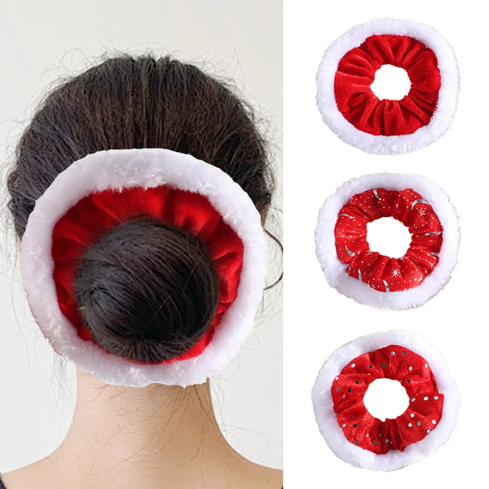 Veludo de pelúcia natal corda de cabelo neve alta elasticidade ano novo scrunchies vermelho & branco glitter feminino anel de cabelo