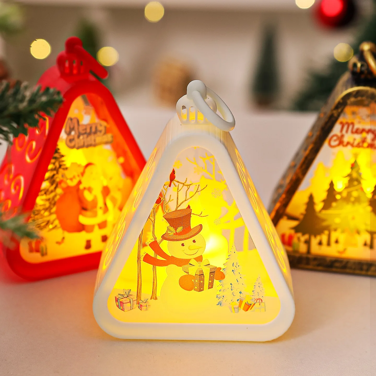 مصغرة عيد الميلاد LED مثلث فانوس سانتا كلوز ثلج مهرجان مصباح داخلي الجدول الحلي مشهد الحفلات الدعائم ديكور المنزل #3