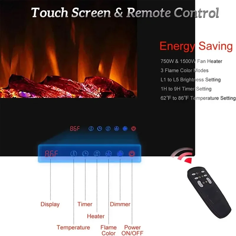 60-Inch Electric Fireplace LED Light Timer Hot Selling Decorative Electric Heater for Hotels English Operating Language