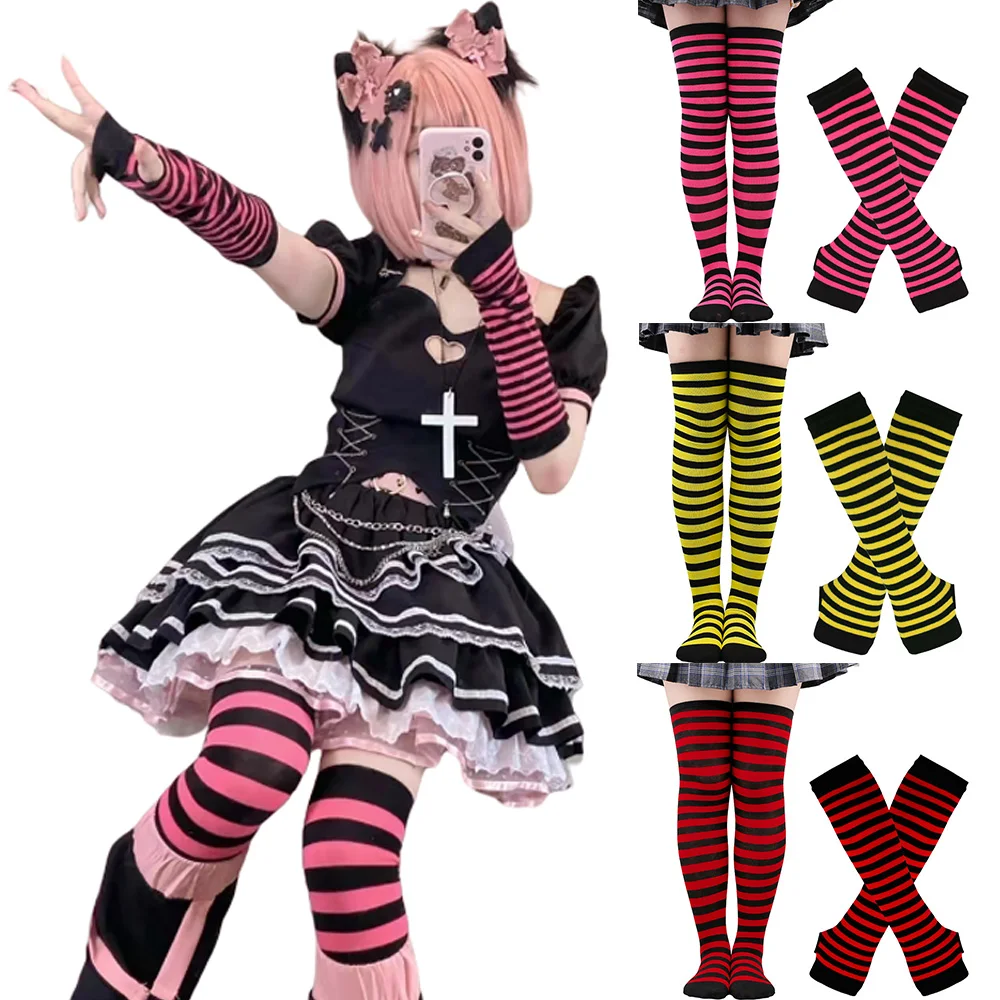 2pair/Set Halloween Cos Socks Women Over Knee Long Stripe Socks Girl Arm Sleeve Gloves Christmas Cosplay Striped Socks Gloves