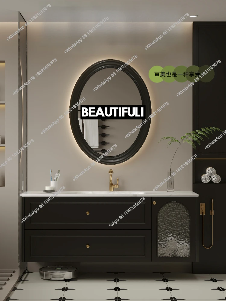 

French retro bathroom cabinet combination rock slab hot bending integrated washbasin bathroom