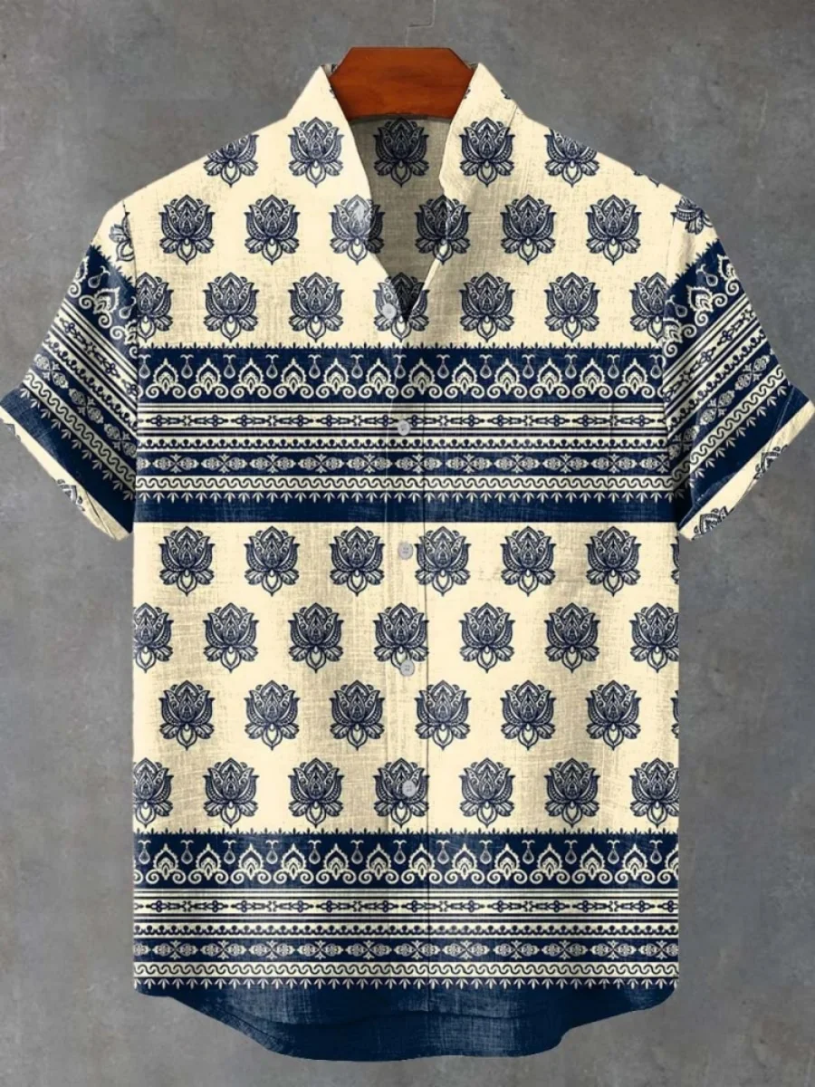 Camicia floreale da uomo nuova Camicia casual in lino a maniche corte Camicie stampate ad alta arte Comodo tessuto traspirante Ropa Para Hombre