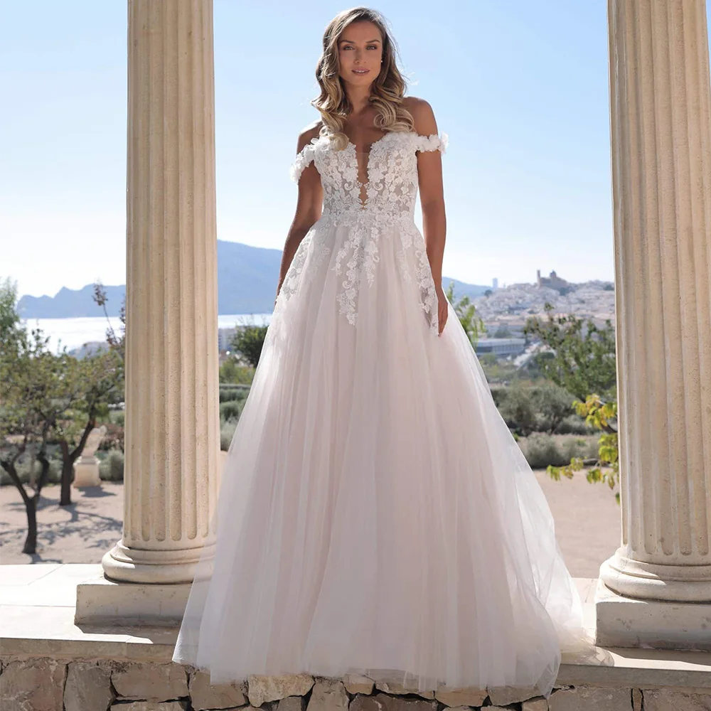 

Exquisite A-Line Off the Shoulder Wedding Dress for Brides Appliques Sweetheart Tulle Bridal Dress with Sweep Train Customized