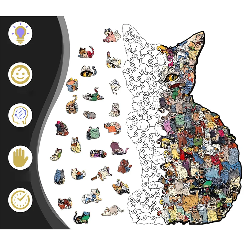 194 elementy Drewniane Puzzle Kocie Puzzle Nieregularne Elementy Układanka Gra Prezent na Urodziny Boże Narodzenie dla Miłośników Kotów Skarbonka Dekoracja Domu