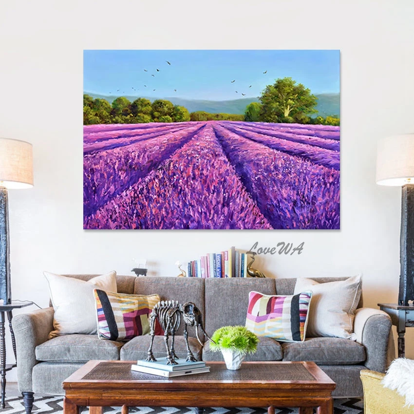 Abstract Green Tree Scenery Art Picture Canvas Design Wall Picture No Framed, 3D Purple Flower Field Drawing Acrylic Paintings